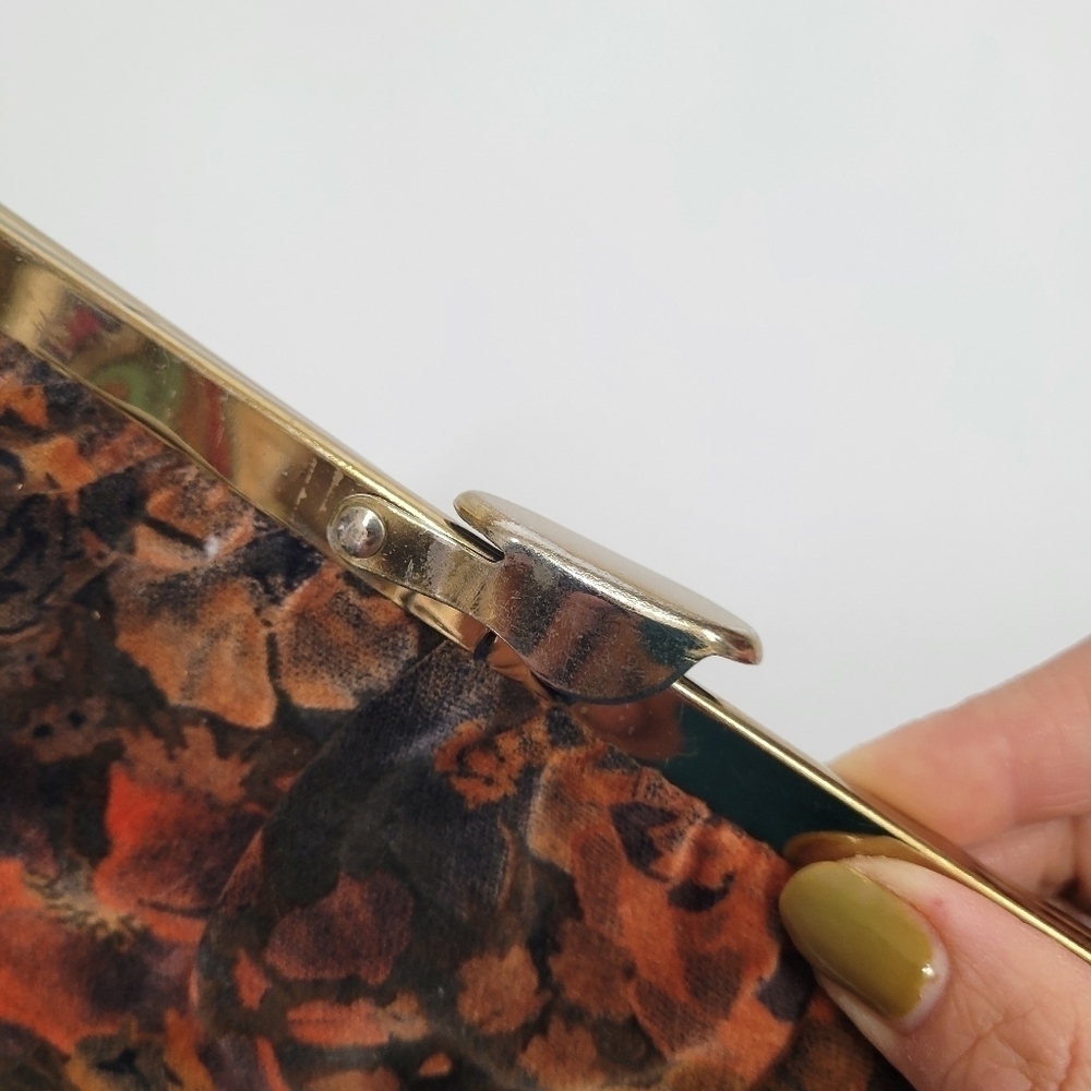VTG Floral Fabric Unique Opening Bag Clutch Brown Orange Black Flora Gold Strap - Picture 10 of 17